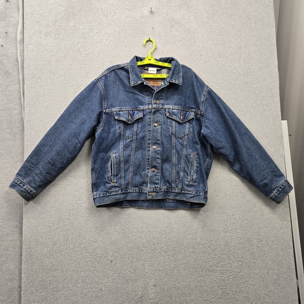 VINTAGE Levi's Men Jacket MEDIUM Blue Denim Trucker Fleece Blanket Lined 90s